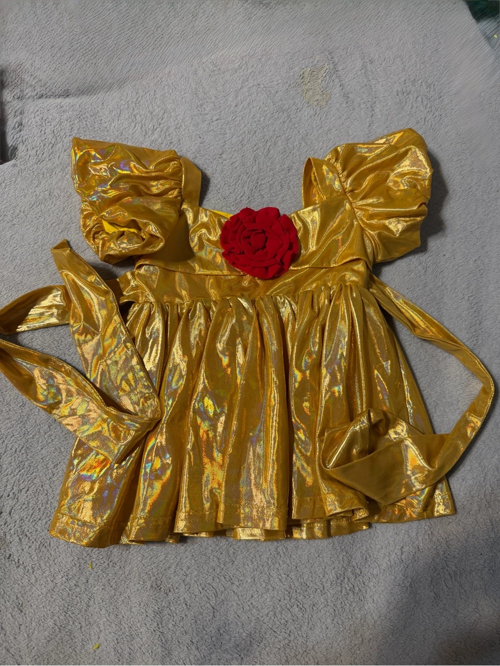 Girls' Shimmery Gold Halloween Dress with Red Rose Accent